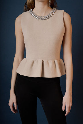 ENDLESS ROSE - Jewel Trim Neck Peplum Knit Top - SWEATERS & KNITS available at Objectrare
