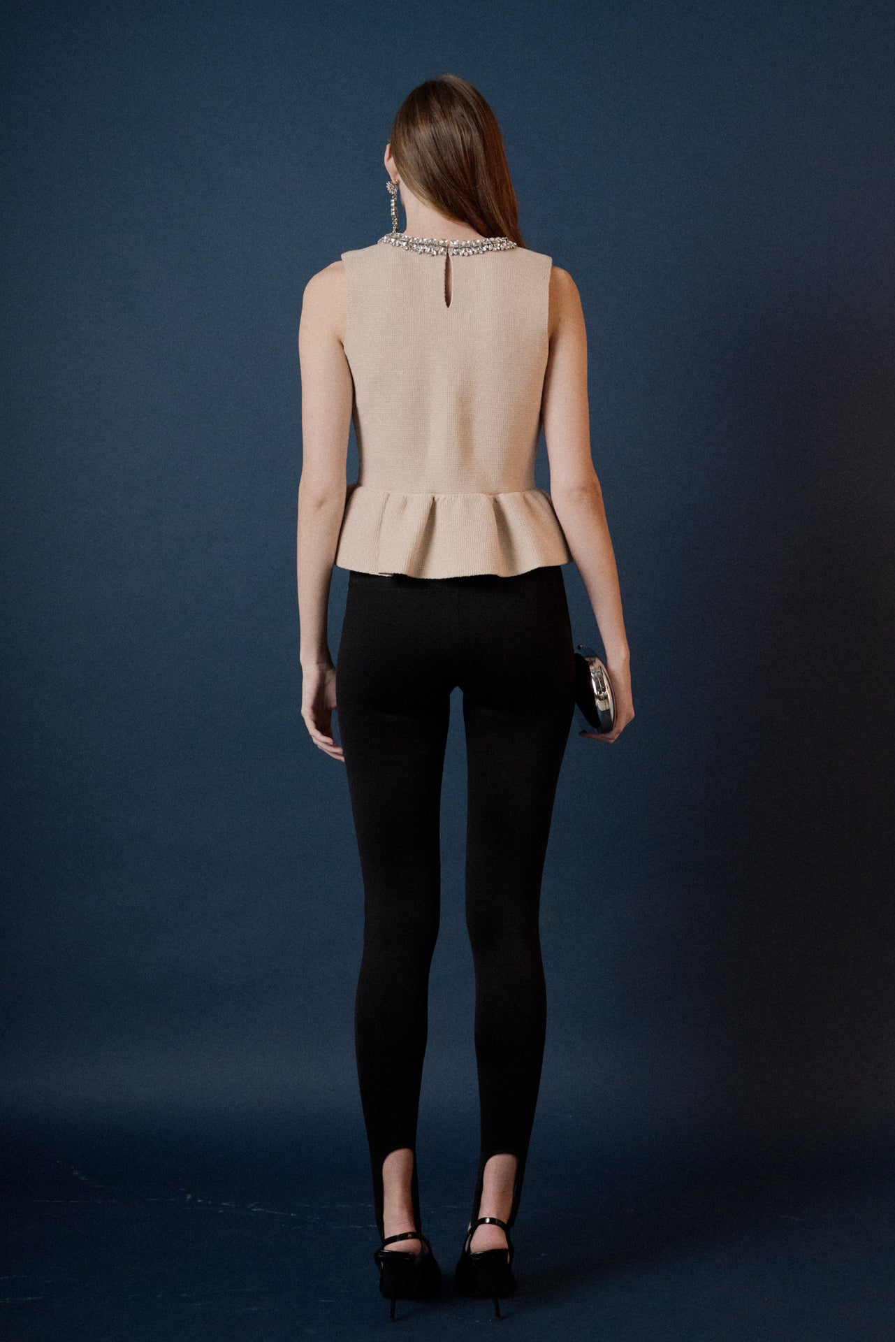 Jewel Trim Neck Peplum Knit Top