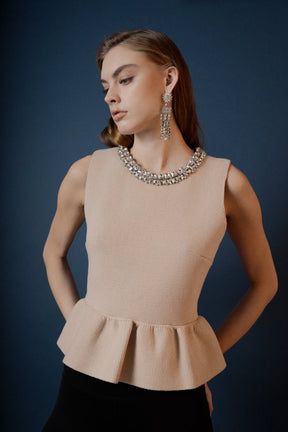 ENDLESS ROSE - Jewel Trim Neck Peplum Knit Top - SWEATERS & KNITS available at Objectrare