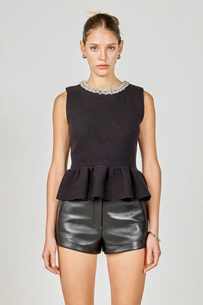 ENDLESS ROSE - Jewel Trim Neck Peplum Knit Top - SWEATERS & KNITS available at Objectrare