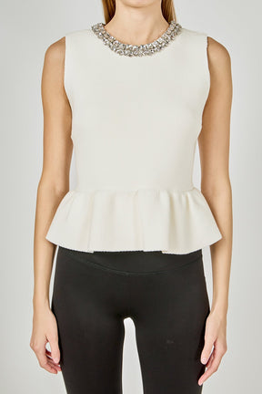 Jewel Trim Neck Peplum Knit Top