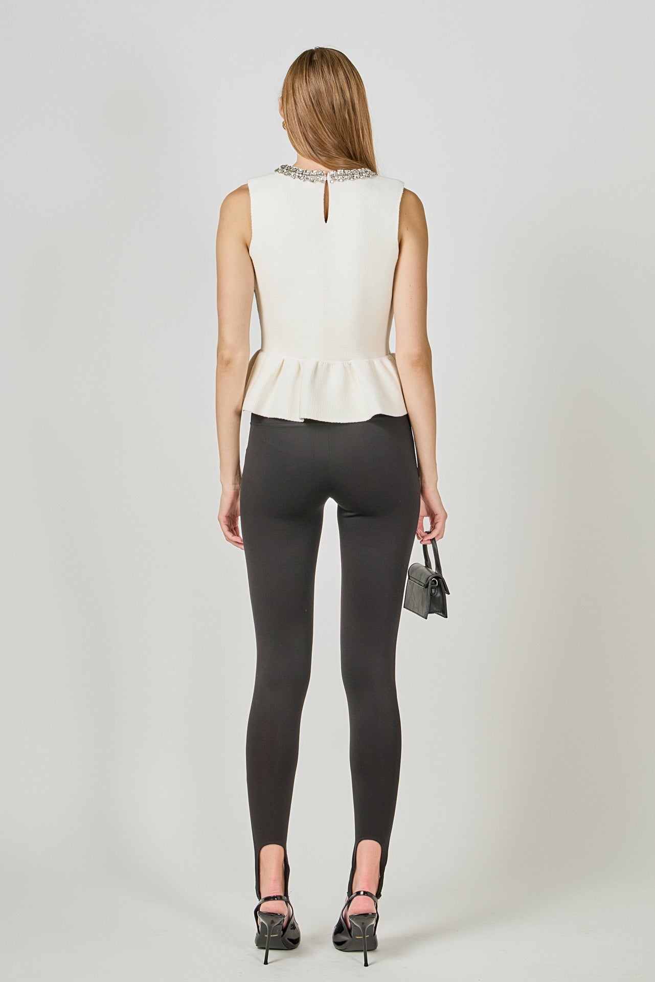 Jewel Trim Neck Peplum Knit Top