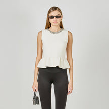 Jewel Trim Neck Peplum Knit Top