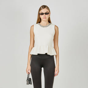 Jewel Trim Neck Peplum Knit Top
