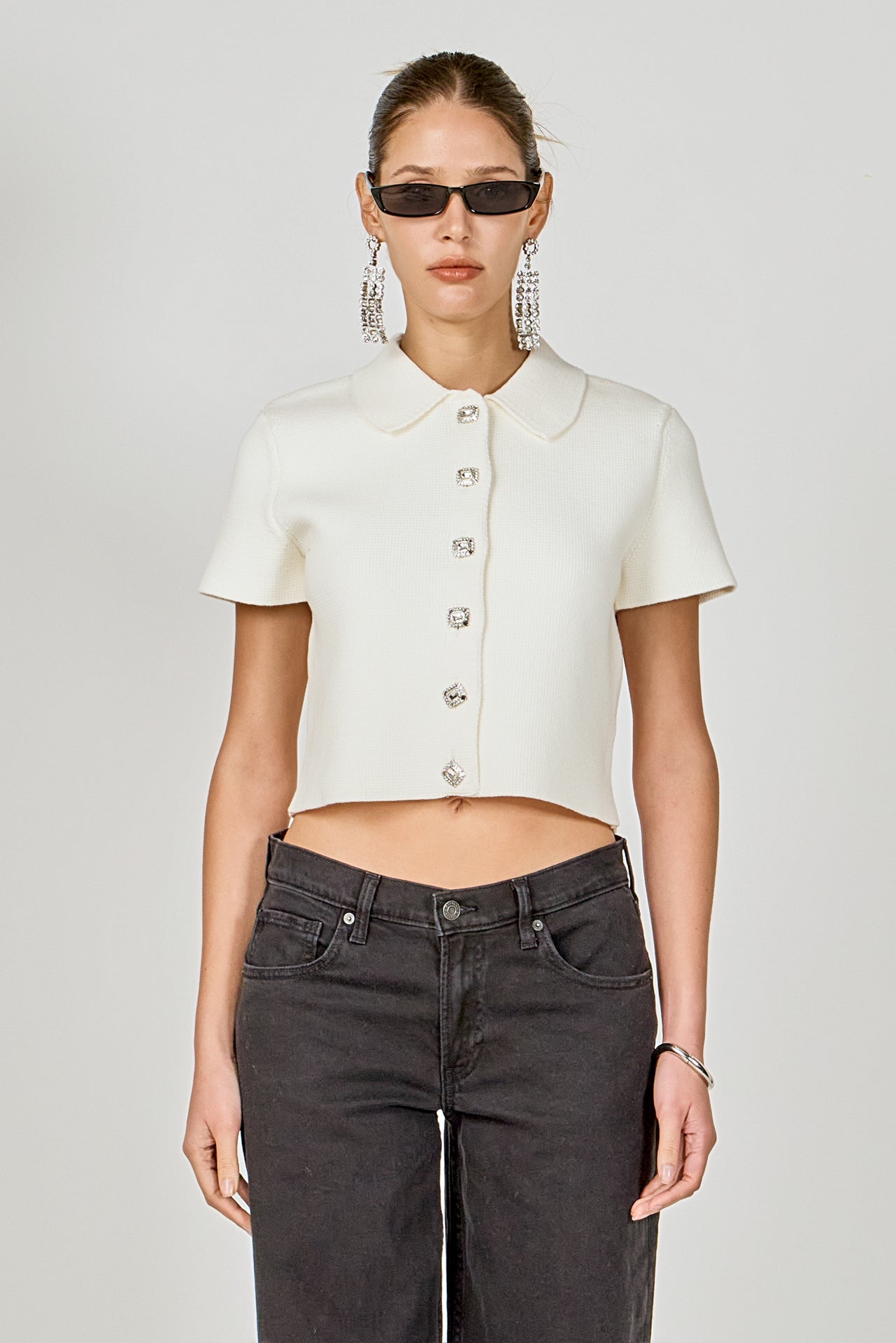 ENDLESS ROSE - Jewel Buttoned Cropped Knit Top - SWEATERS & KNITS available at Objectrare