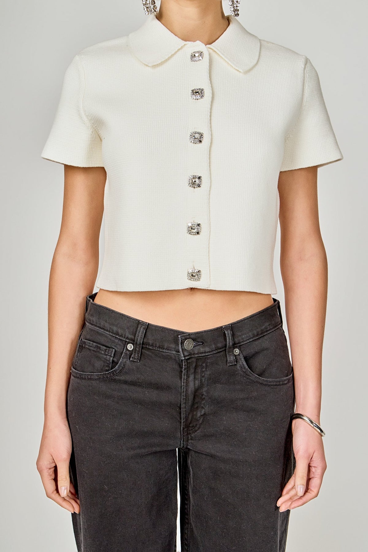 ENDLESS ROSE - Jewel Buttoned Cropped Knit Top - SWEATERS & KNITS available at Objectrare