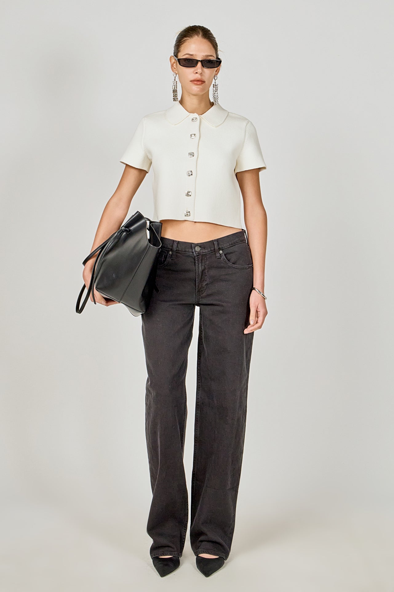 ENDLESS ROSE - Jewel Buttoned Cropped Knit Top - SWEATERS & KNITS available at Objectrare