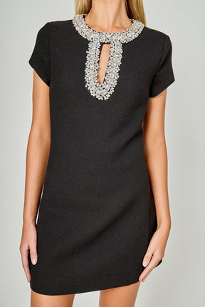 Jewel Trim Neck Mini Dress