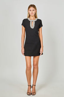 Jewel Trim Neck Mini Dress