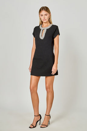 Jewel Trim Neck Mini Dress