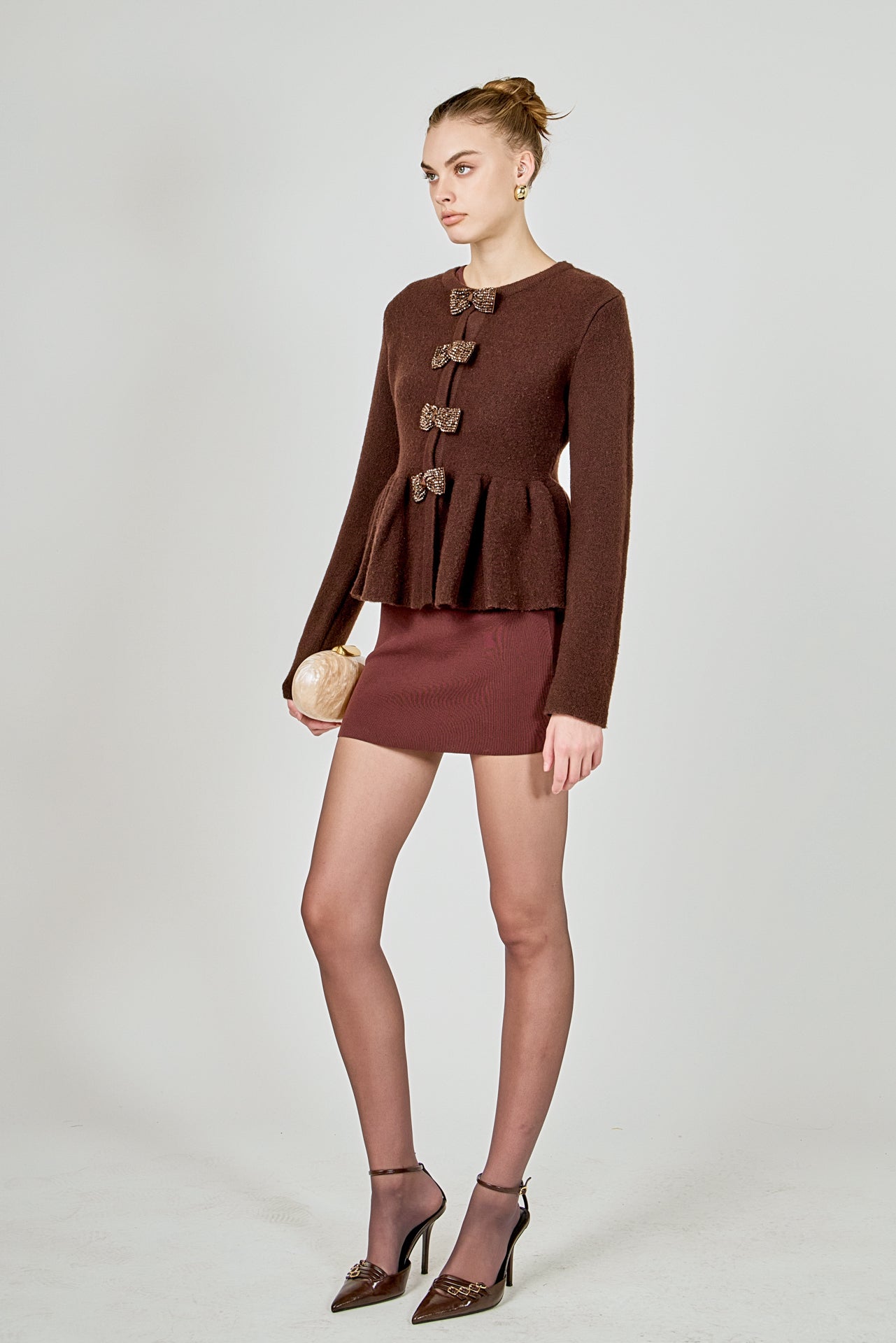 Bow Trim Flared Cardigan