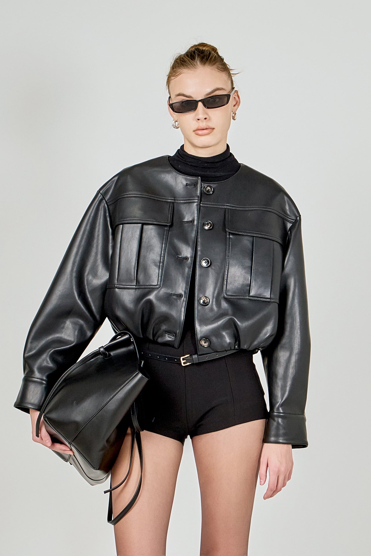 Round Neck Buttoned Faux Leather Jacket