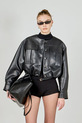 Round Neck Buttoned Faux Leather Jacket