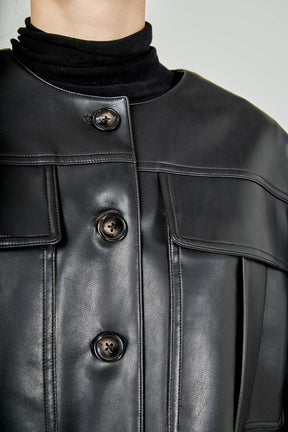 ENDLESS ROSE - Round Neck Buttoned Faux Leather Jacket - JACKETS available at Objectrare