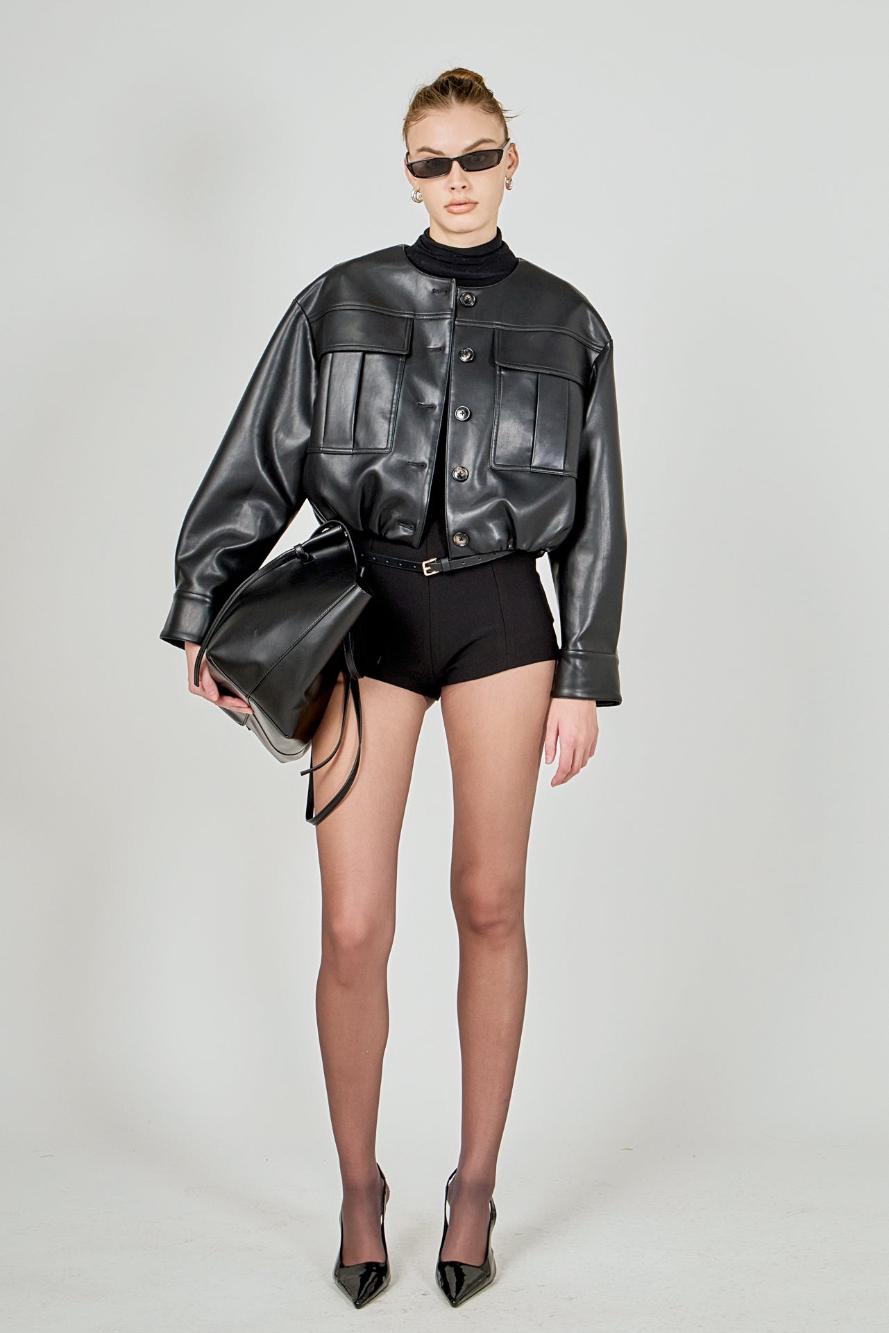 Round Neck Buttoned Faux Leather Jacket