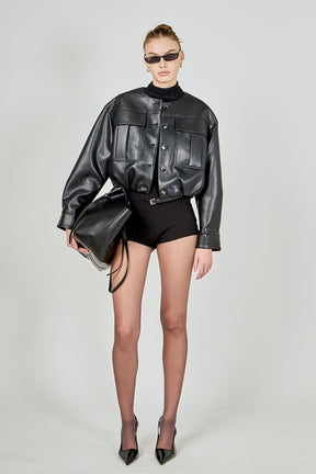 Round Neck Buttoned Faux Leather Jacket