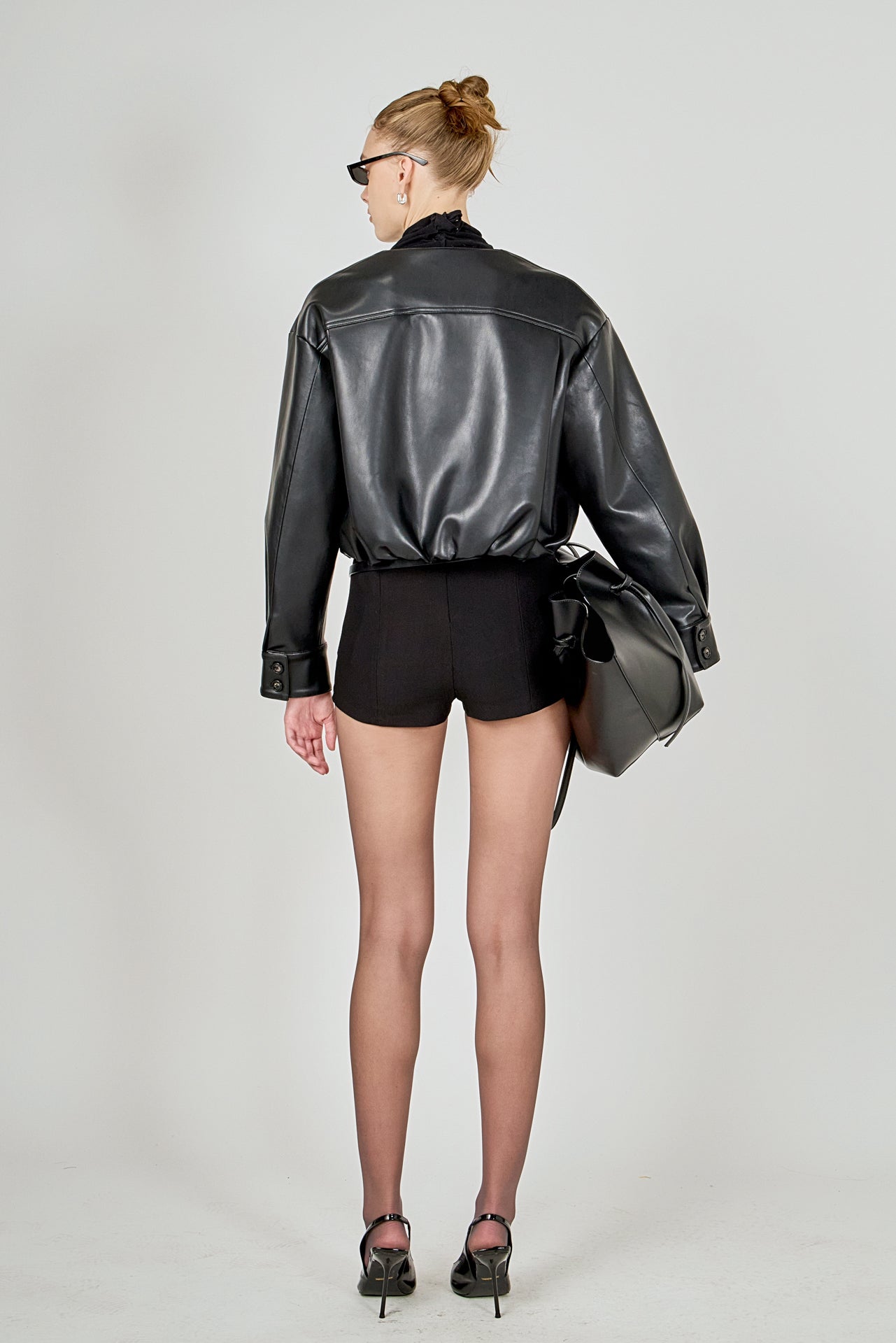 Round Neck Buttoned Faux Leather Jacket