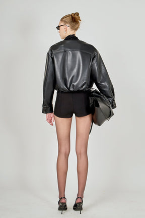 Round Neck Buttoned Faux Leather Jacket