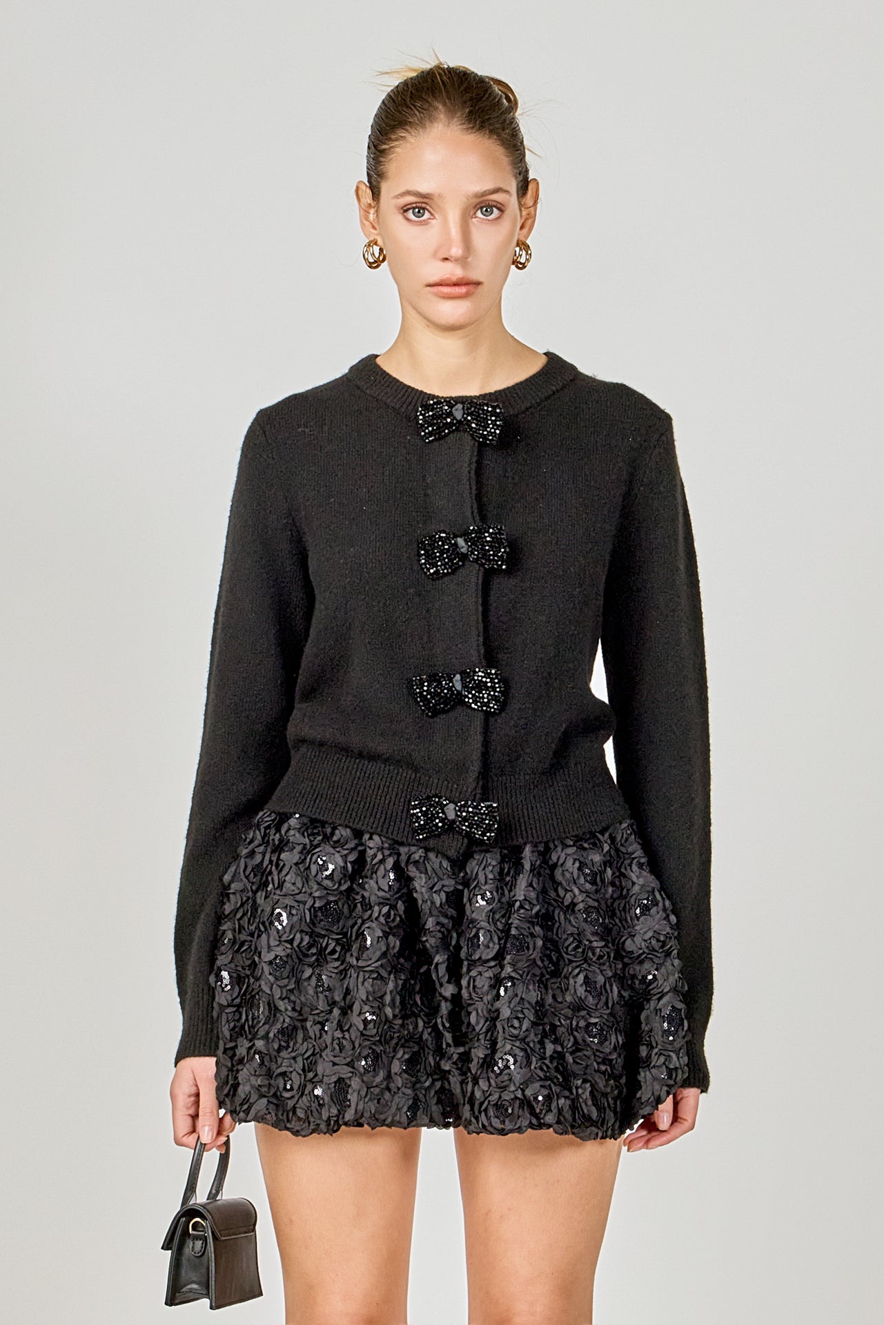 ENDLESS ROSE - Round Neck Bow Trim Cardigan - SWEATERS & KNITS available at Objectrare