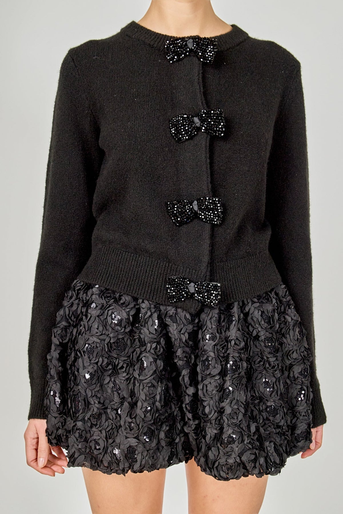 ENDLESS ROSE - Round Neck Bow Trim Cardigan - SWEATERS & KNITS available at Objectrare