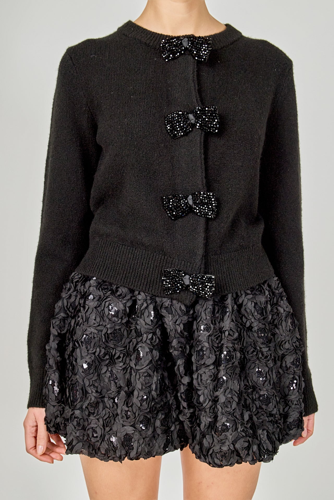 ENDLESS ROSE - Round Neck Bow Trim Cardigan - SWEATERS & KNITS available at Objectrare