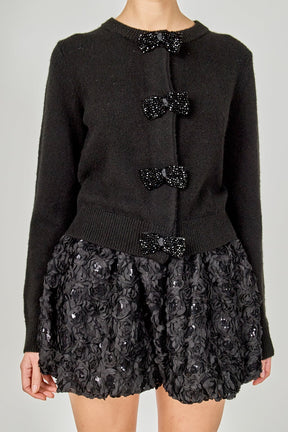 ENDLESS ROSE - Round Neck Bow Trim Cardigan - SWEATERS & KNITS available at Objectrare