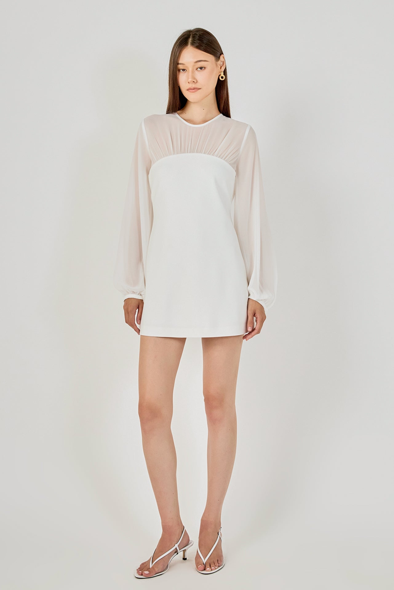 Mixed Media Mini Dress with Puff Sleeves