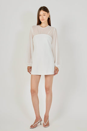 Mixed Media Mini Dress with Puff Sleeves
