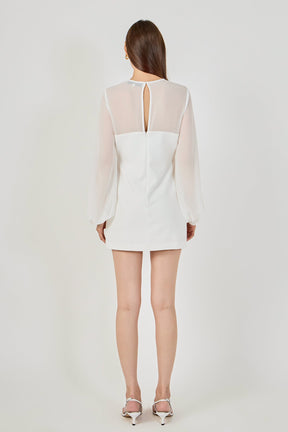 Mixed Media Mini Dress with Puff Sleeves