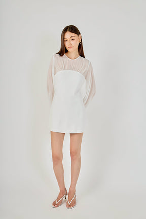 Mixed Media Mini Dress with Puff Sleeves