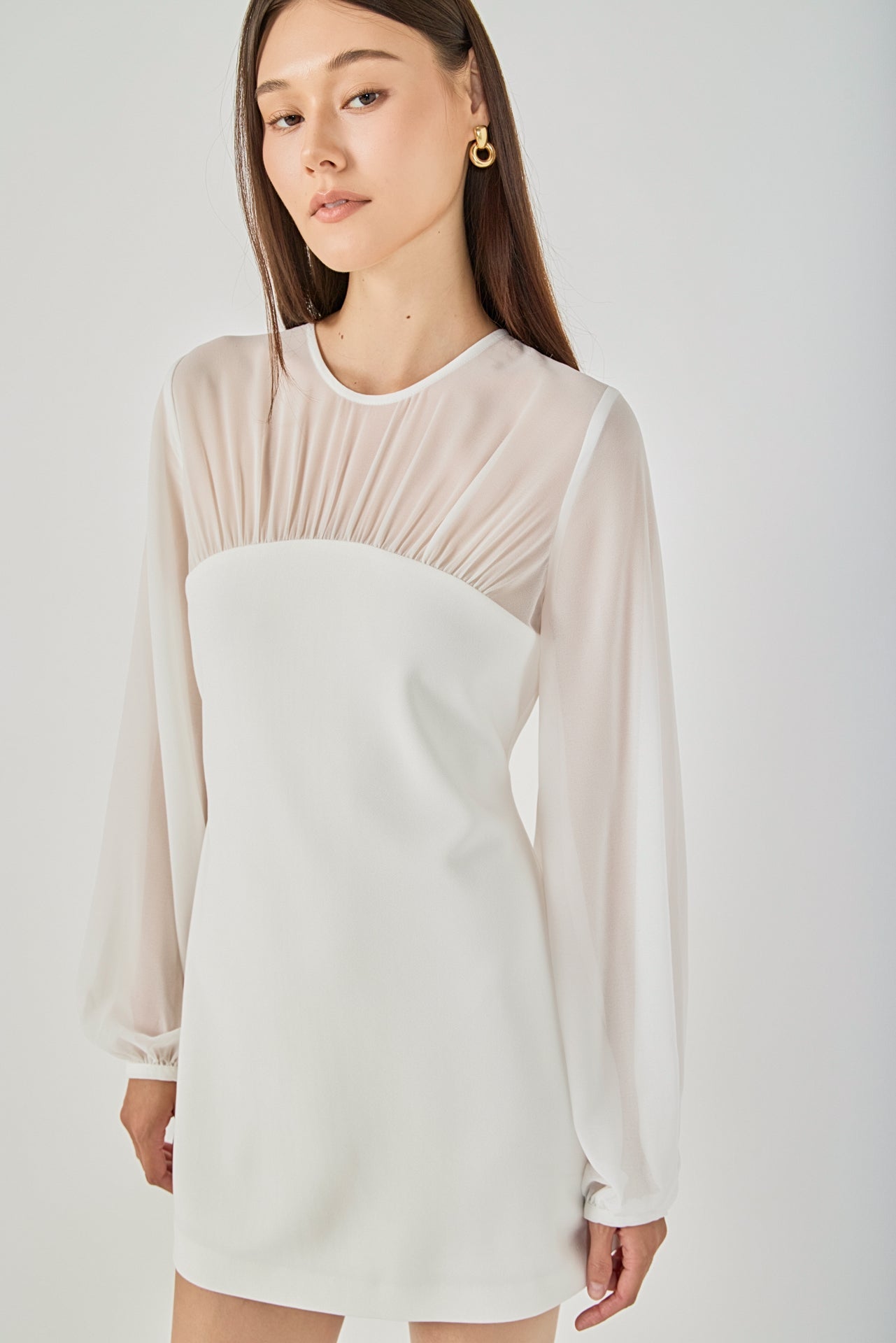 Mixed Media Mini Dress with Puff Sleeves