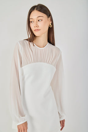 Mixed Media Mini Dress with Puff Sleeves