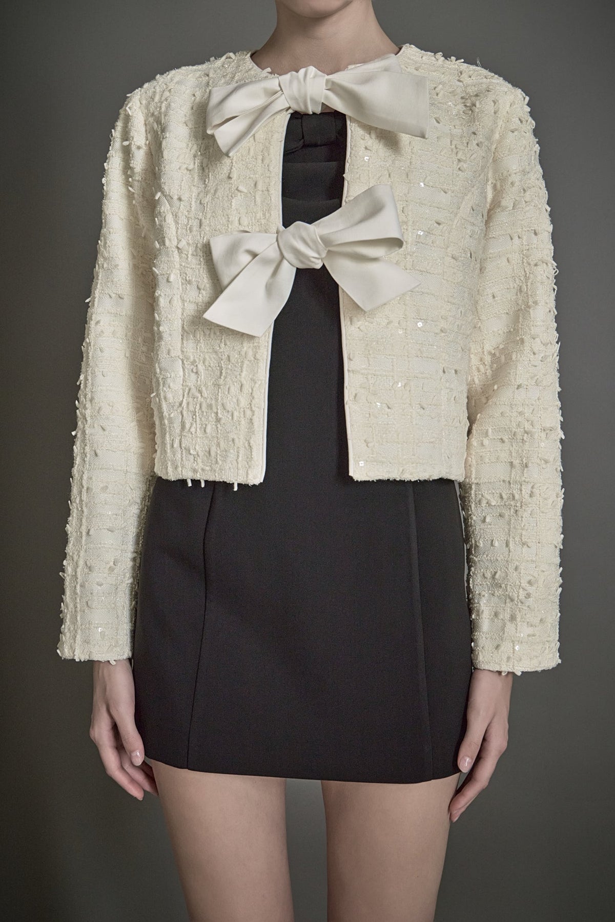 ENDLESS ROSE - Bow Tie Textured Tweed Jacket - JACKETS available at Objectrare