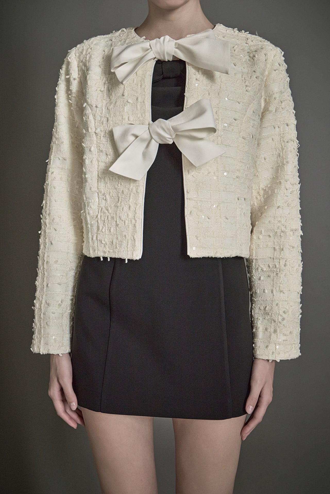 ENDLESS ROSE - Bow Tie Textured Tweed Jacket - JACKETS available at Objectrare