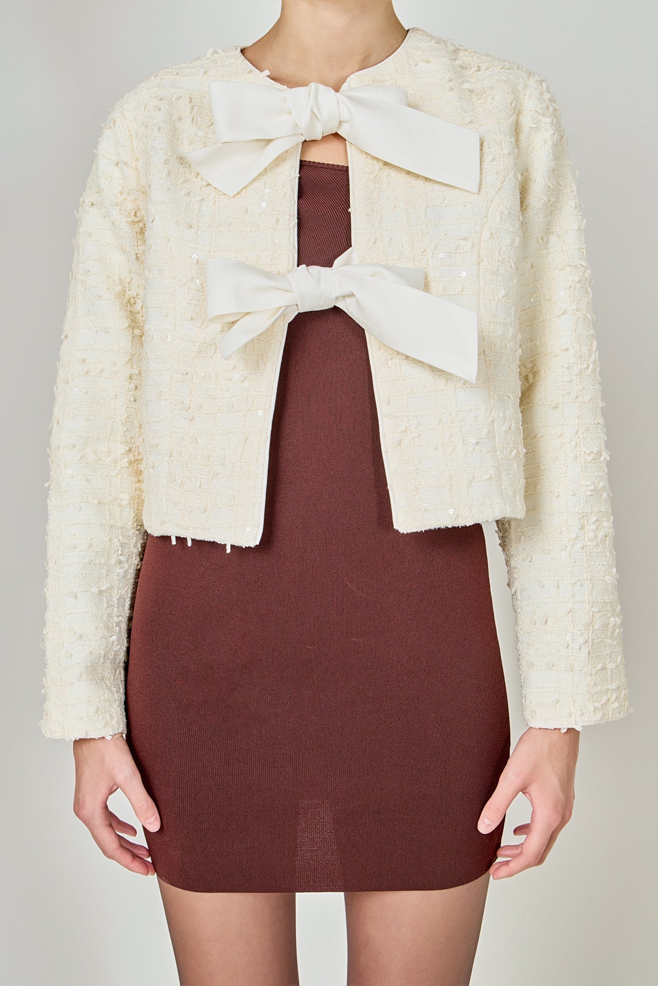 ENDLESS ROSE - Bow Tie Textured Tweed Jacket - JACKETS available at Objectrare