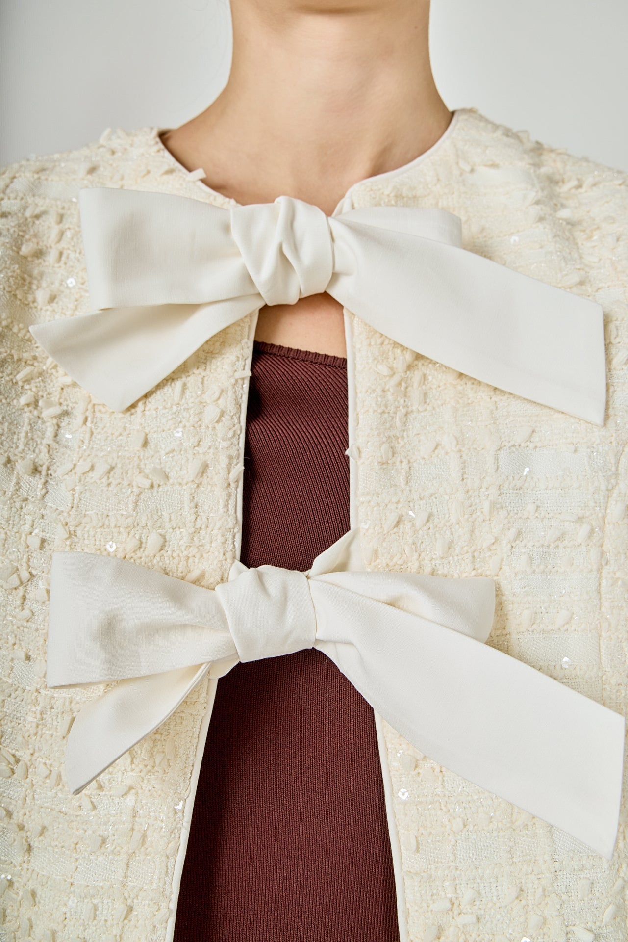 ENDLESS ROSE - Bow Tie Textured Tweed Jacket - JACKETS available at Objectrare