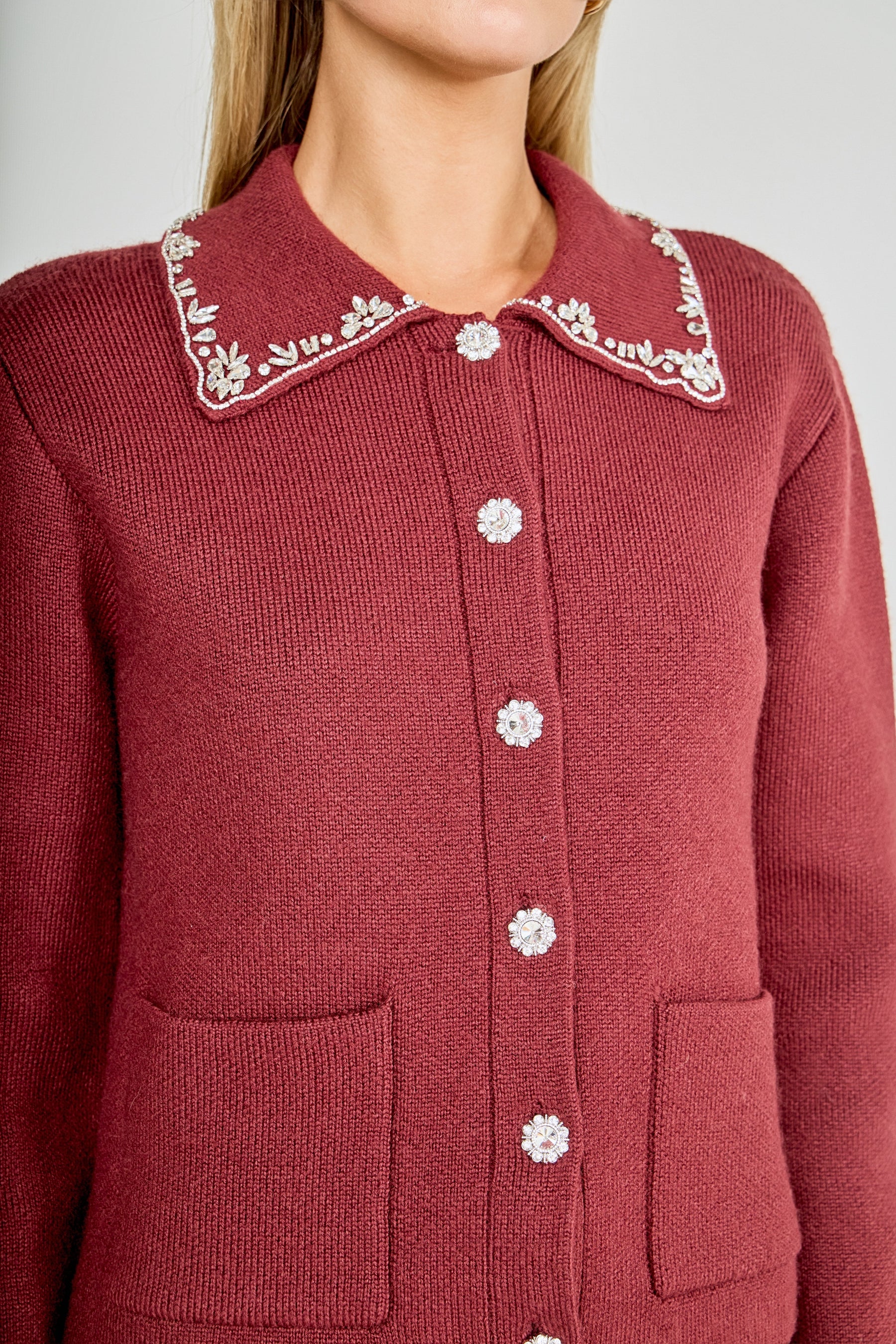 ENDLESS ROSE - Arden Embellished Collar Button Up Cardigan - SWEATERS & KNITS available at Objectrare