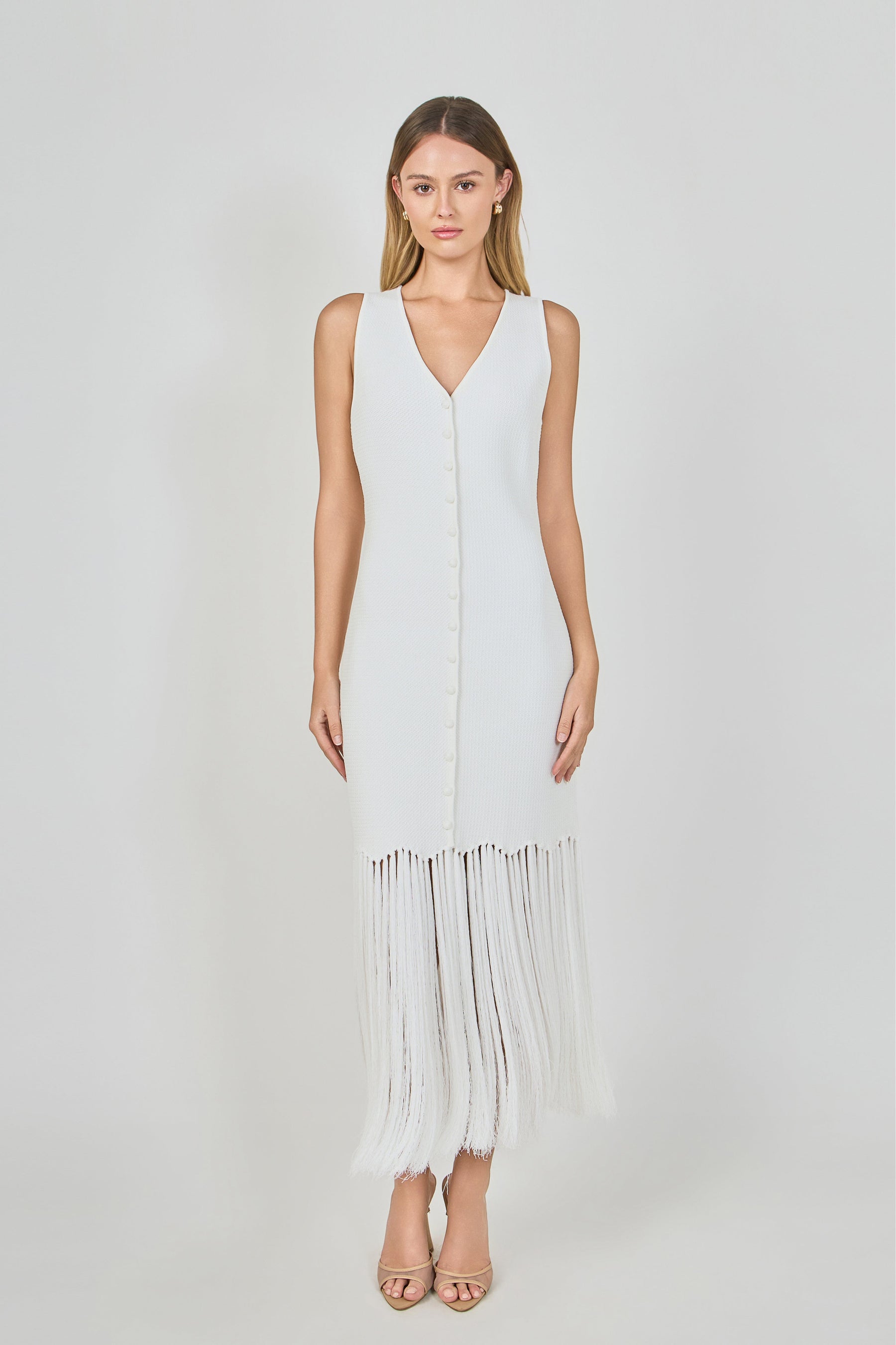 Sleeveless Fringed Knit Midi Dress