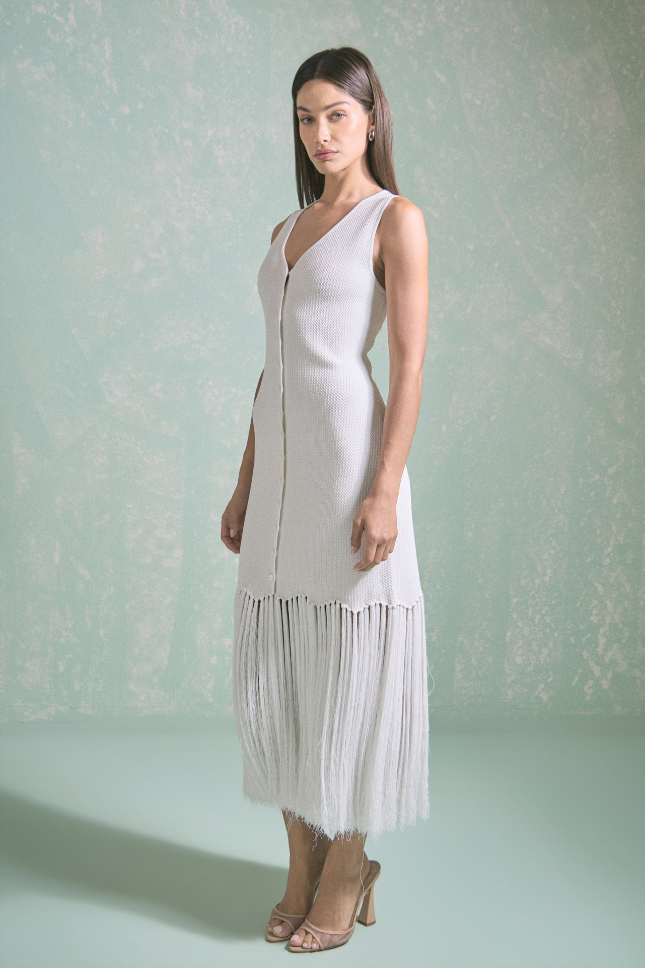 Sleeveless Fringed Knit Midi Dress