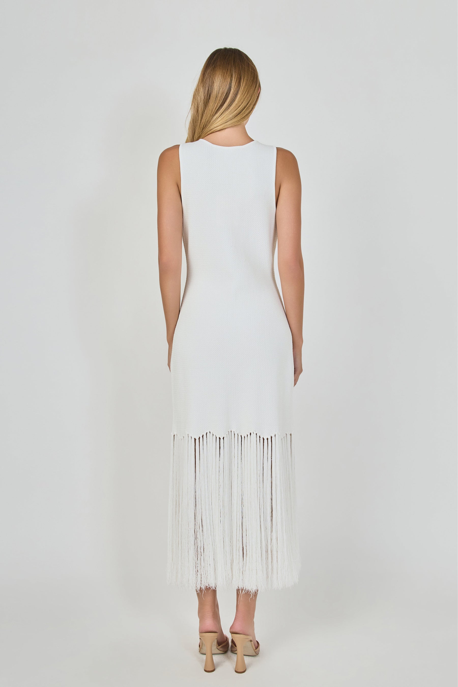 Sleeveless Fringed Knit Midi Dress
