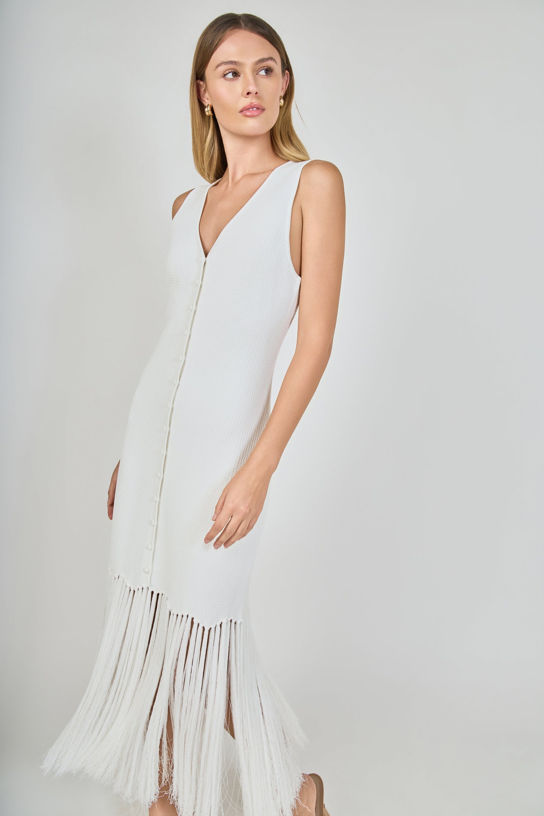 Sleeveless Fringed Knit Midi Dress