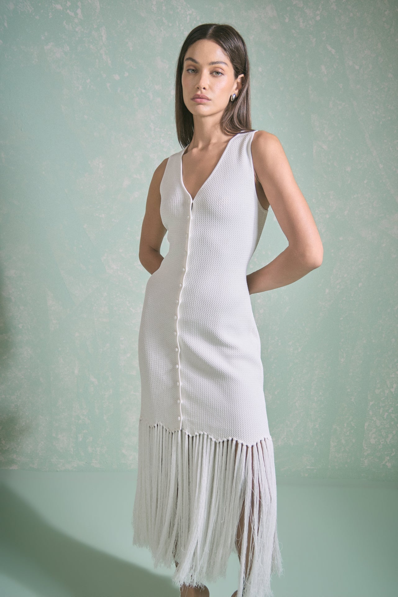 Sleeveless Fringed Knit Midi Dress