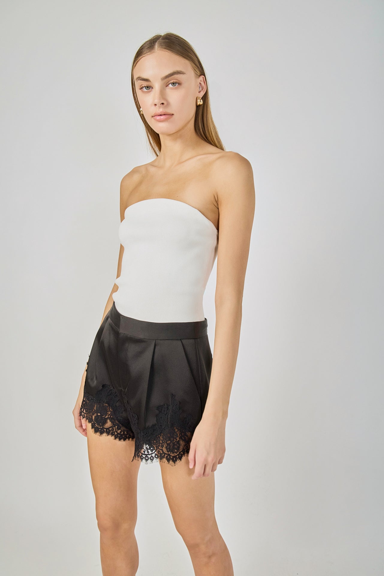ENDLESS ROSE - Lace Trimmed Satin Shorts - DRESSES available at Objectrare