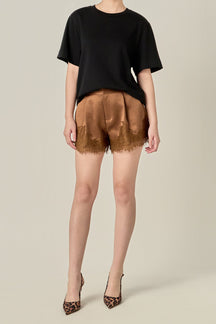 ENDLESS ROSE - Lace Trimmed Satin Shorts - DRESSES available at Objectrare