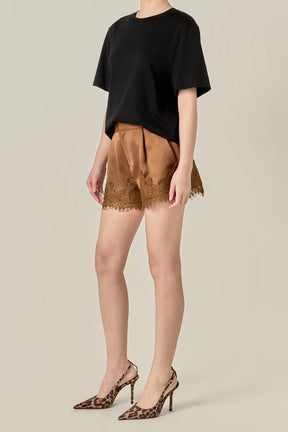 ENDLESS ROSE - Lace Trimmed Satin Shorts - DRESSES available at Objectrare