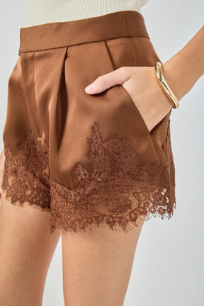 ENDLESS ROSE - Lace Trimmed Satin Shorts - SHORTS available at Objectrare
