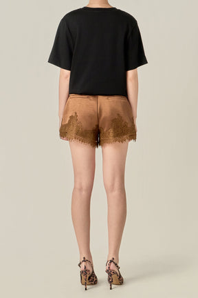 ENDLESS ROSE - Lace Trimmed Satin Shorts - DRESSES available at Objectrare