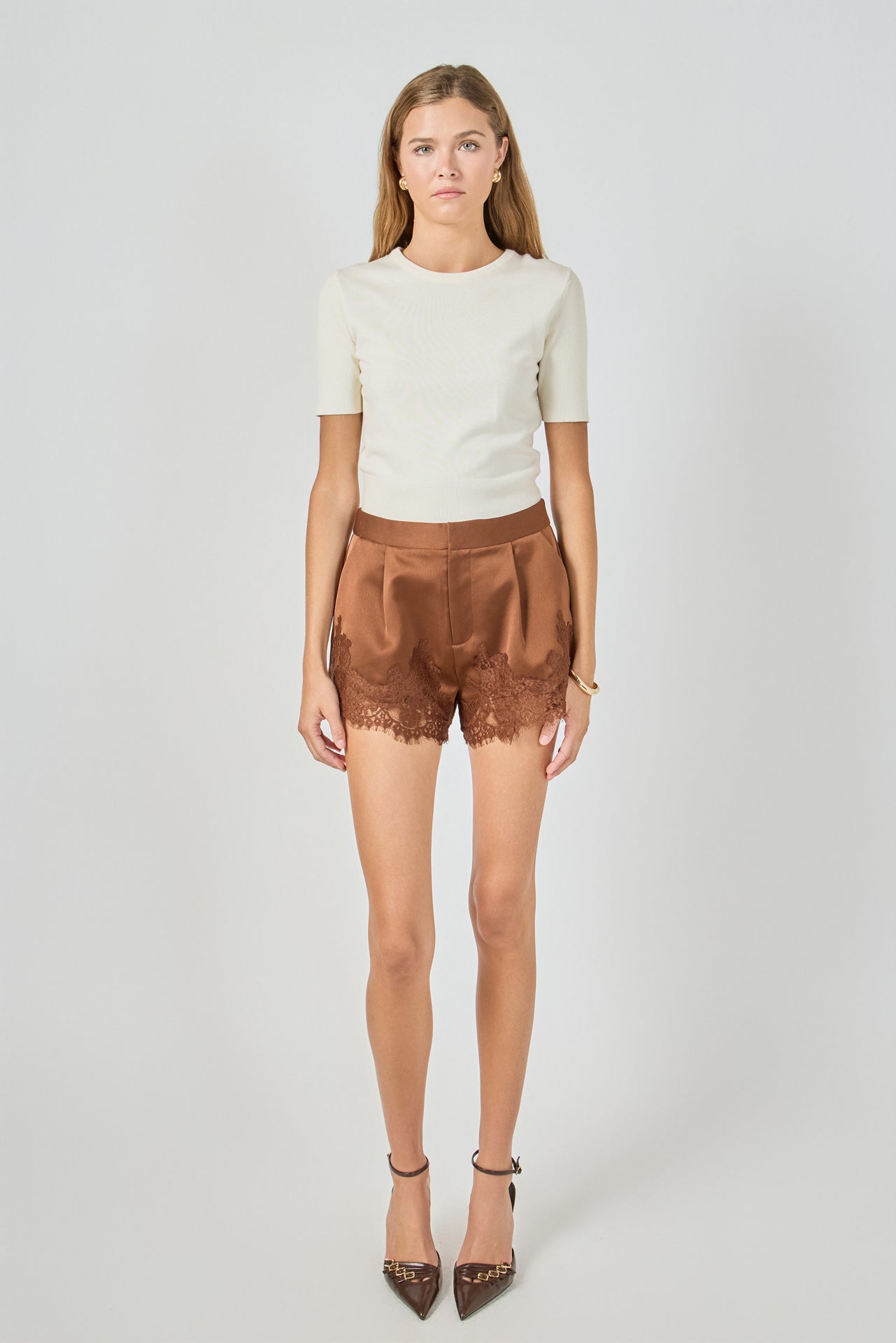 ENDLESS ROSE - Lace Trimmed Satin Shorts - SHORTS available at Objectrare