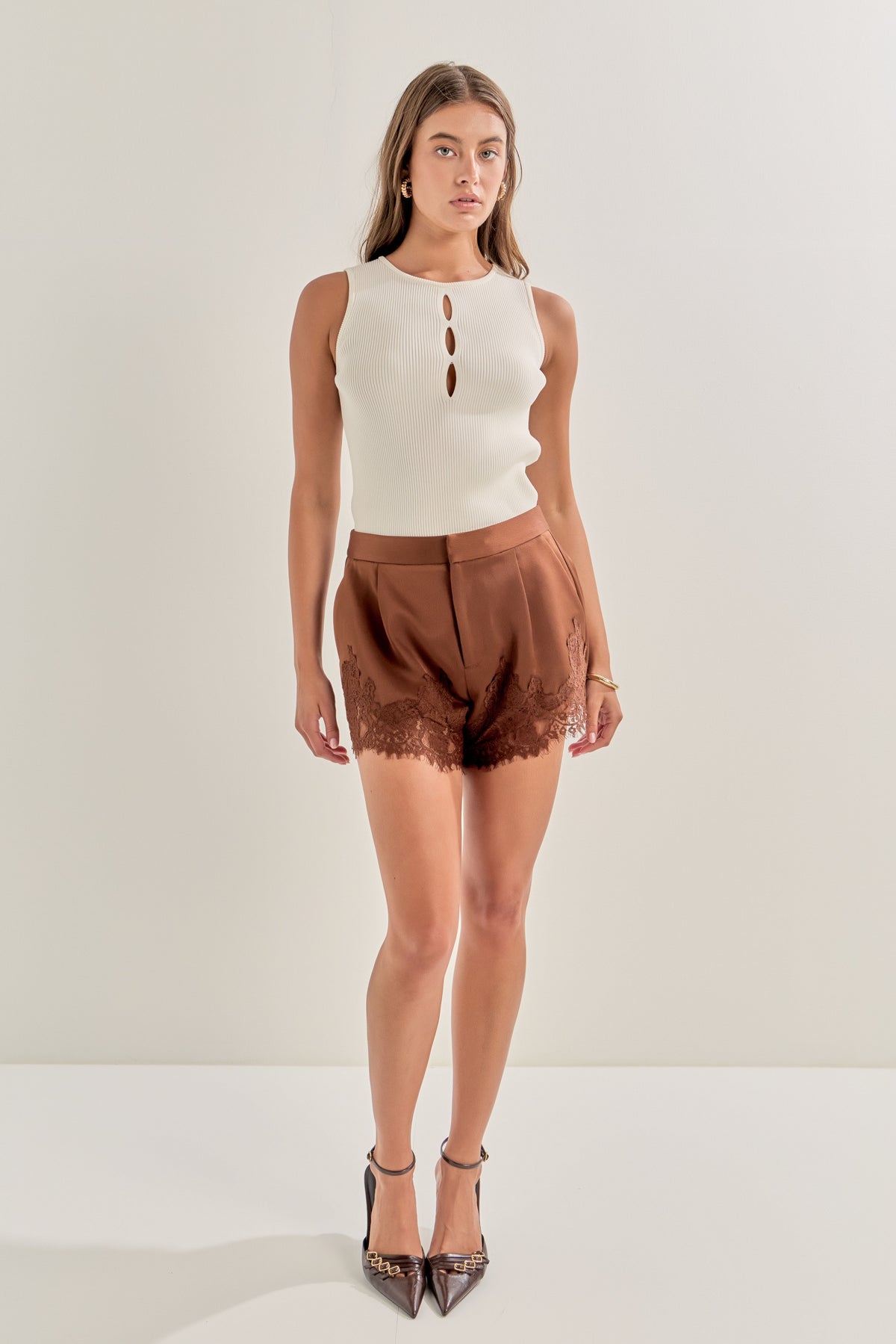 ENDLESS ROSE - Lace Trimmed Satin Shorts - SHORTS available at Objectrare