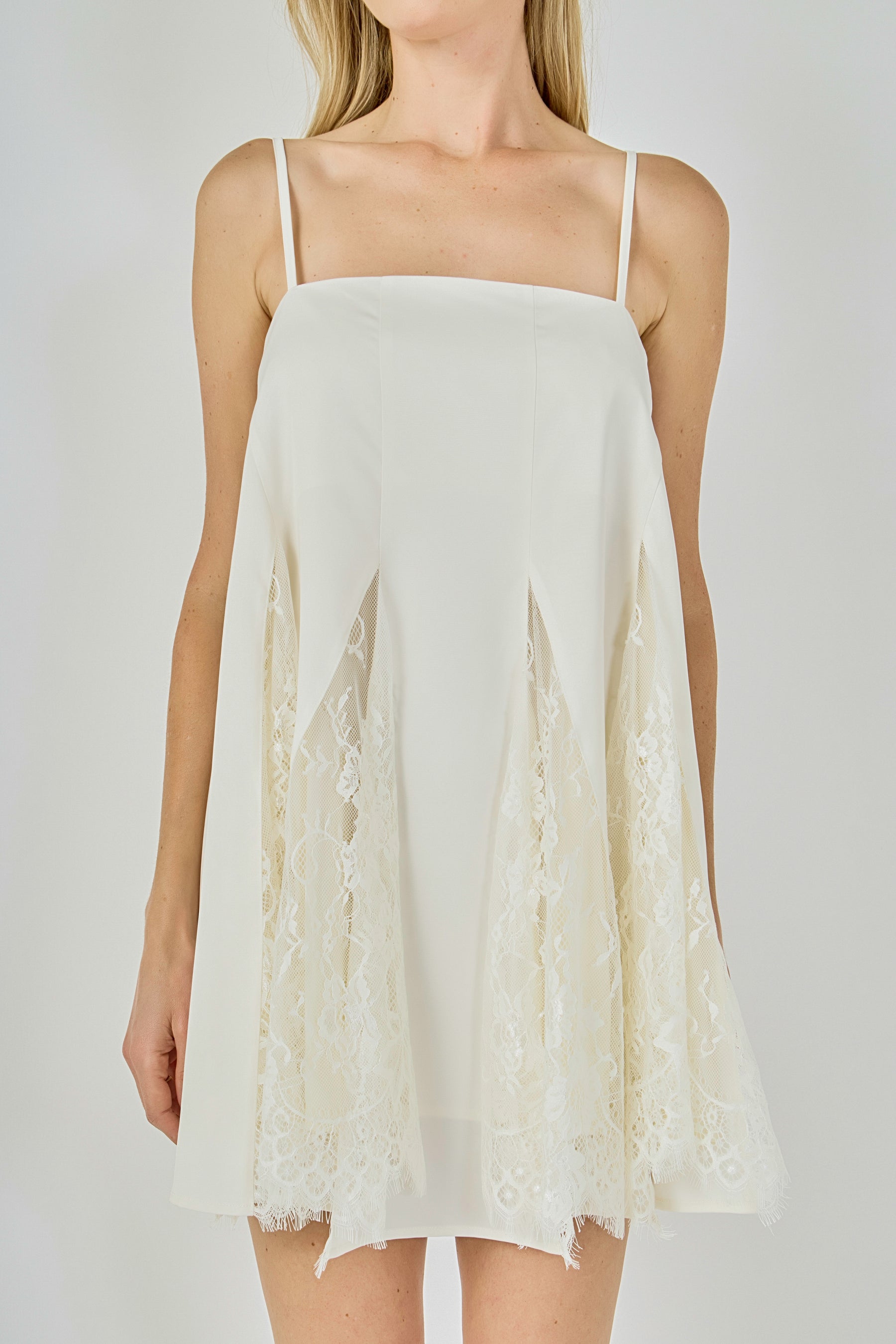 ENDLESS ROSE - Sleeveless Lace Godet Mini Dress - DRESSES available at Objectrare